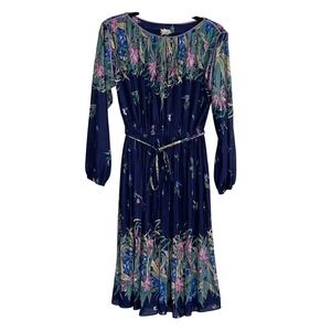 Vintage Hal Ferman 70s Garden Floral‎ Pleated Midi Dress Navy ILGWU Union Made